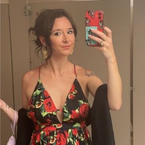 Red floral black dress